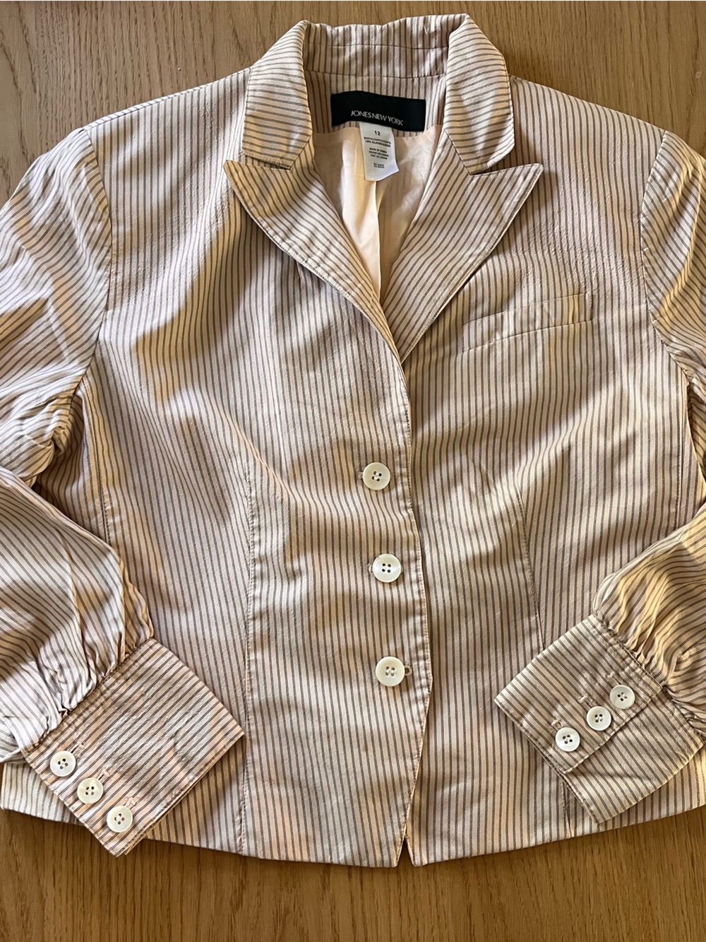 Vintage Jones New York Beige and pink 100% silk Pinstripe Button Up Blouse